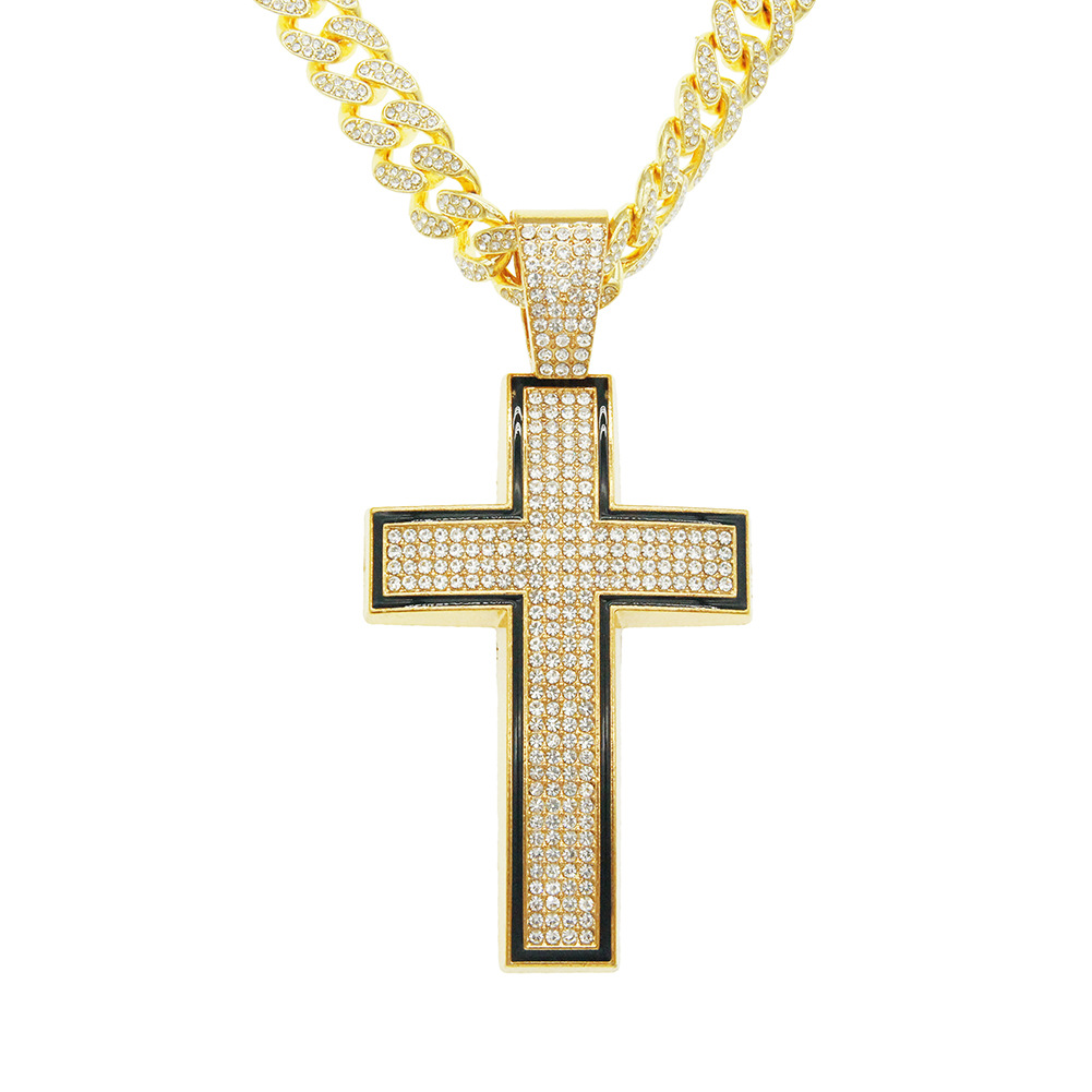 Hip Hop Full Diamond Cross Pendant Cuban Chain Necklace-DaoMao