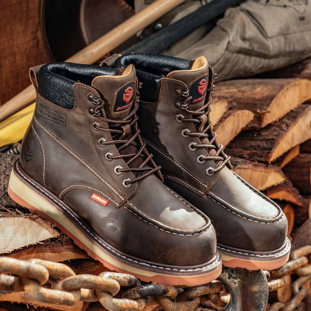 SUREWAY 6” Mens Heavy Duty Steel Toe/Soft Toe Work Boots/Shoes for Men,Goodyear Welt,Extremely Comfortable Durable Proved,Superior Oil/Slip Resistant,Thicker Crazy Horse Leather,Wedge Sole,Moc Toe Work Boots, EH Safety Industrial Construction Boots 