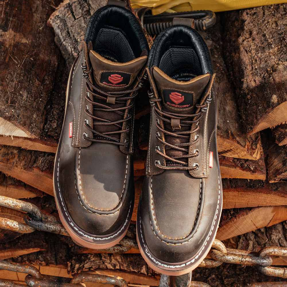 SUREWAY 6” Mens Heavy Duty Steel Toe/Soft Toe Work Boots/Shoes for Men,Goodyear Welt,Extremely Comfortable Durable Proved,Superior Oil/Slip Resistant,Thicker Crazy Horse Leather,Wedge Sole,Moc Toe Work Boots, EH Safety Industrial Construction Boots 