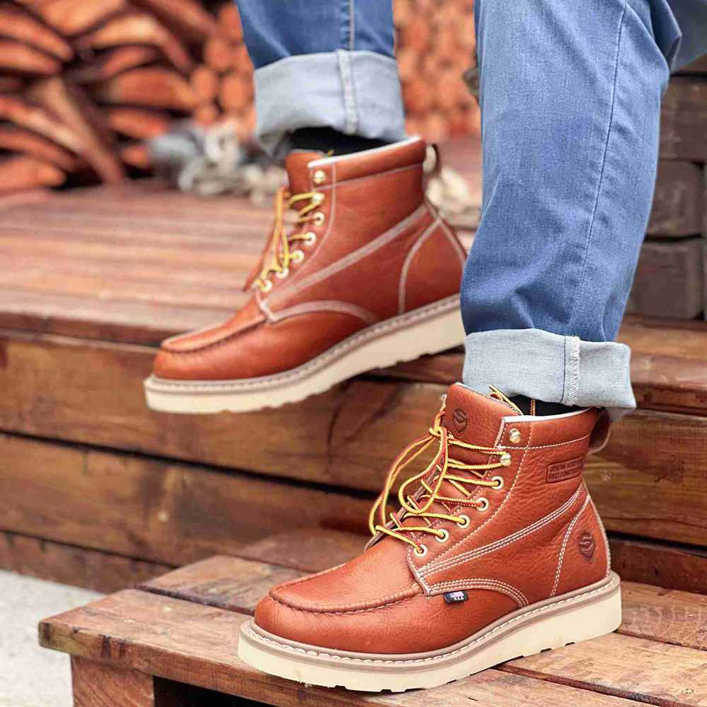 Moc Toe Brown Leather Boots White Sole SUREWAY Men's