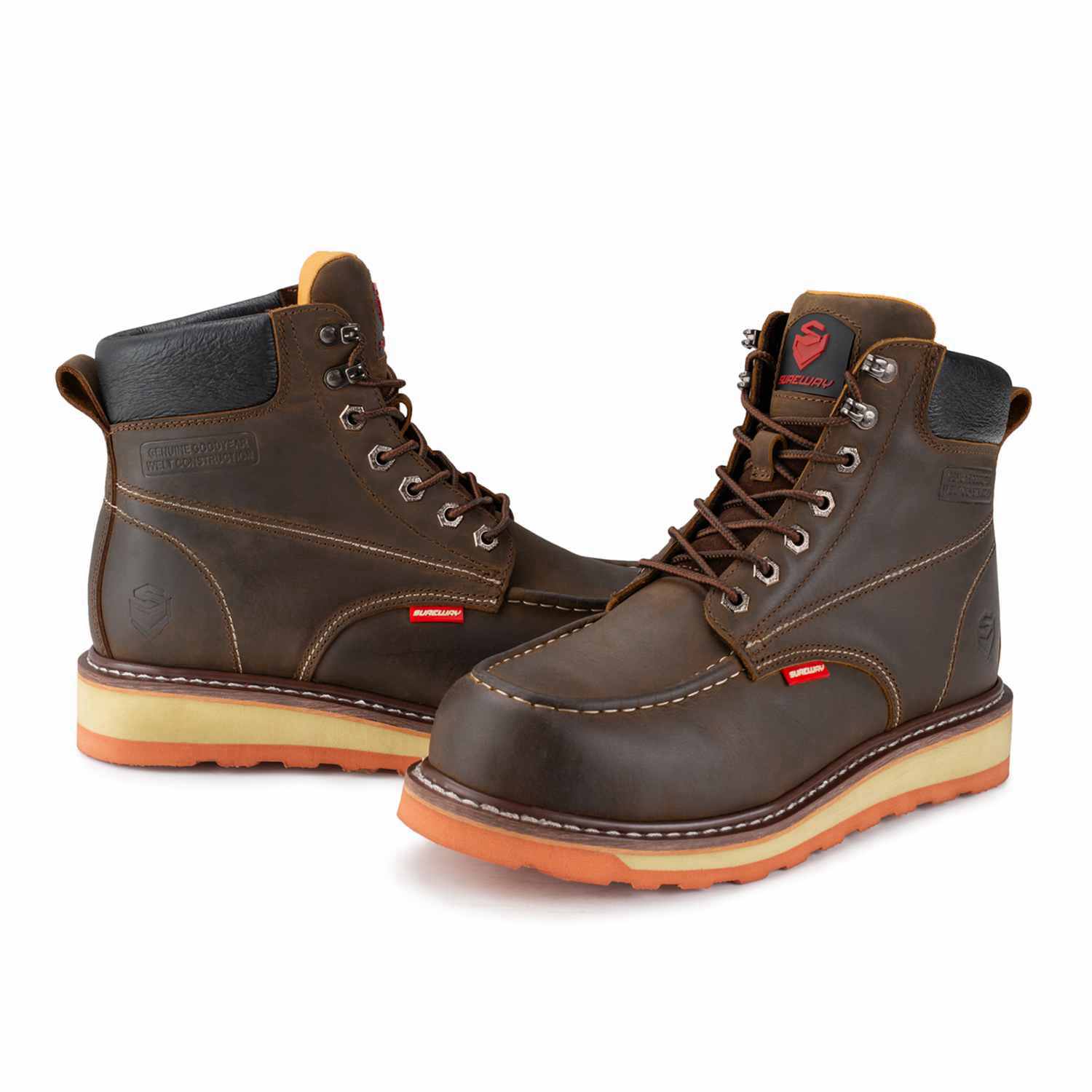 SUREWAY 6” Mens Heavy Duty Steel Toe/Soft Toe Work Boots/Shoes for Men,Goodyear Welt,Extremely Comfortable Durable Proved,Superior Oil/Slip Resistant,Thicker Crazy Horse Leather,Wedge Sole,Moc Toe Work Boots, EH Safety Industrial Construction Boots 