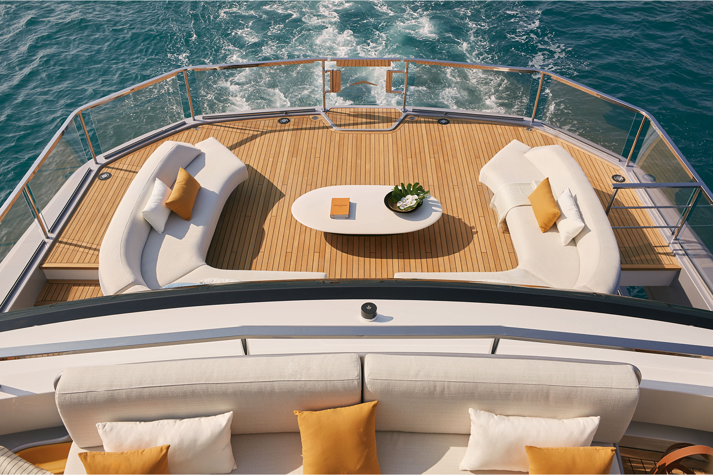 Deck of Azimut Grande 38M Trideck superyacht, the largest model of Azimut Yachts in Italy.