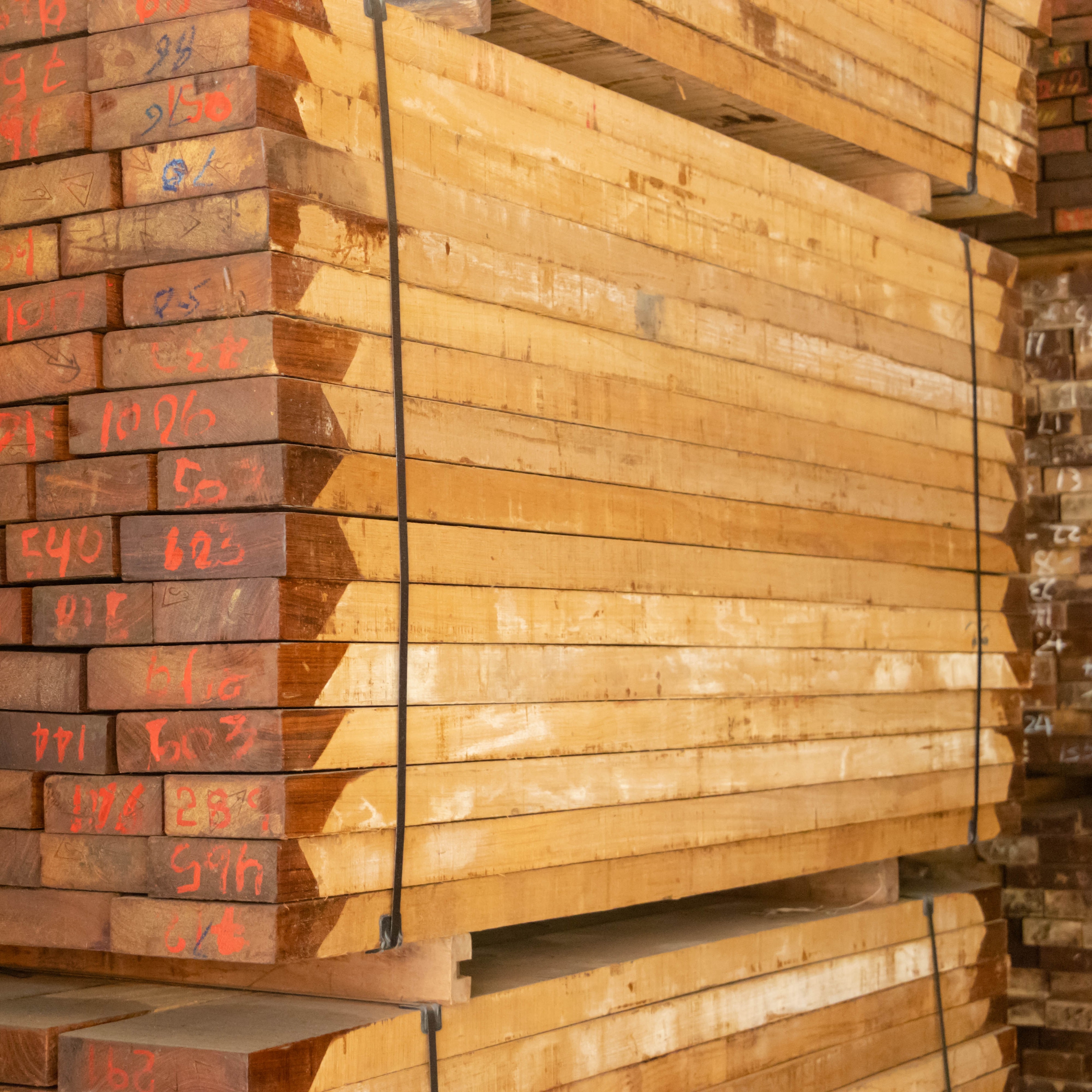 A full package of uniform length Burma teak lumber