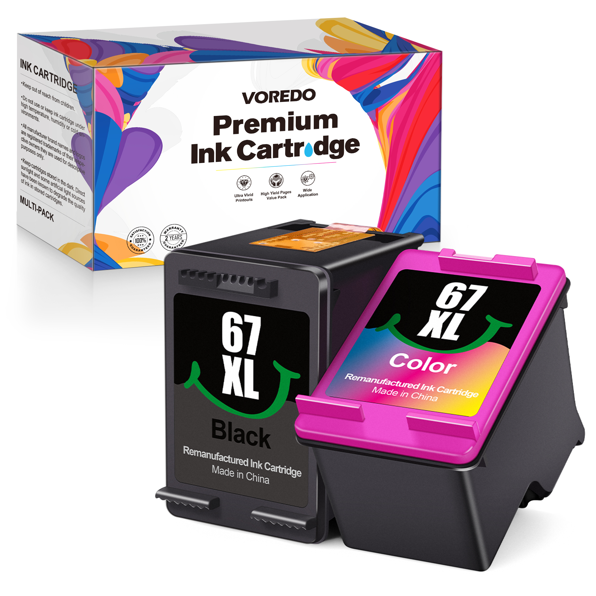 VOREDO Remanufactured Ink Cartridge Replacement for HP 67XL 67 XL(1 Black, 1 Color, 2-Pack)