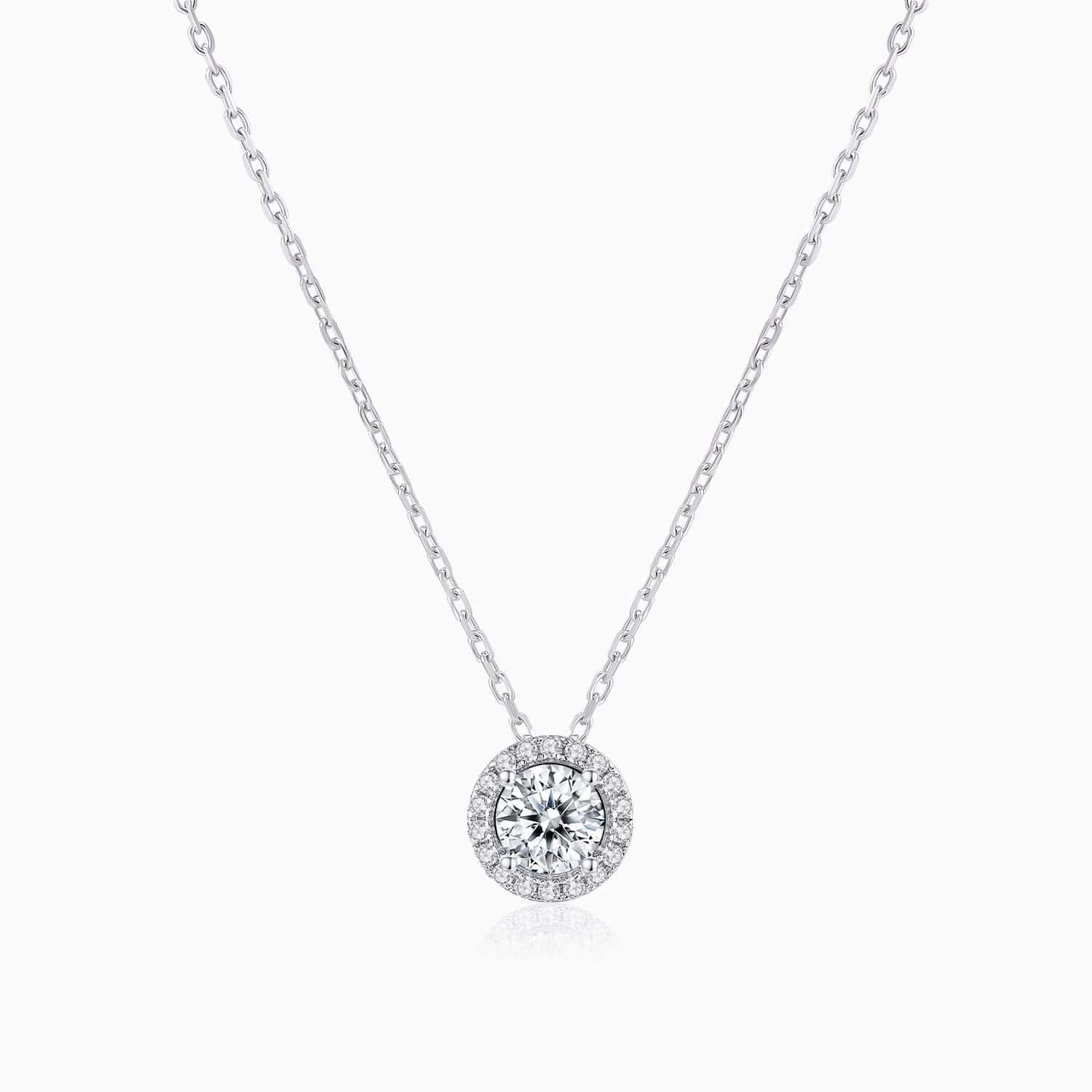 Moissanite Necklace With Round Halo Solitaire Pendant Micro Pave Side Gemstones 1 Carat