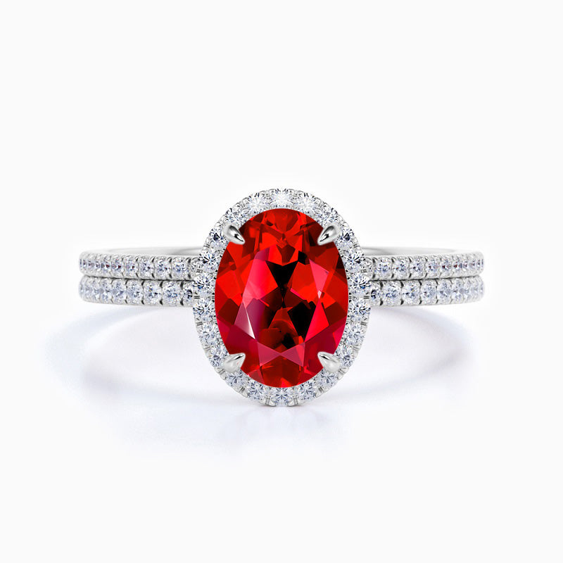 1.5 Carats Halo Oval Cut Promise Engagment Wedding Ruby Ring Bridal Set