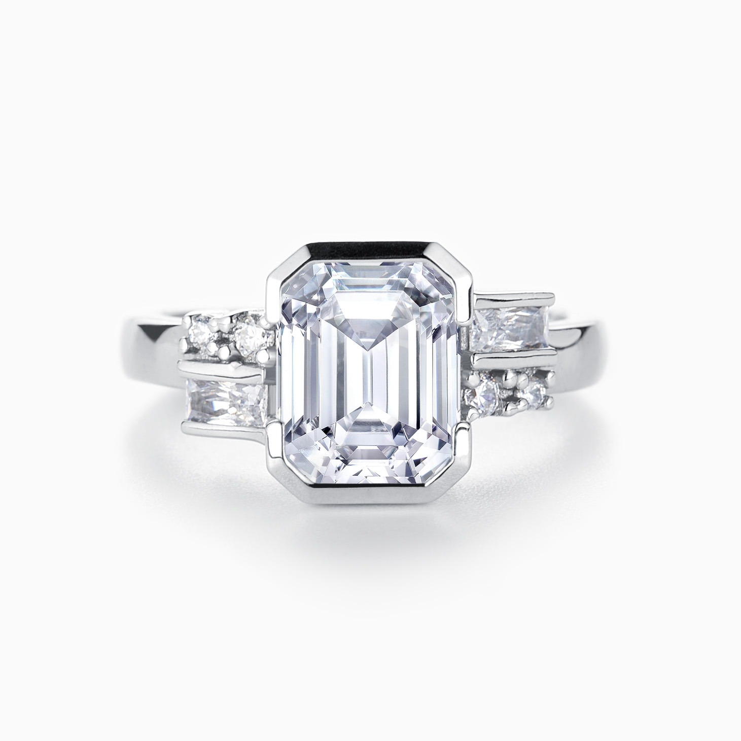 Emerald Moissanite Ring with  Baguette Sidestones