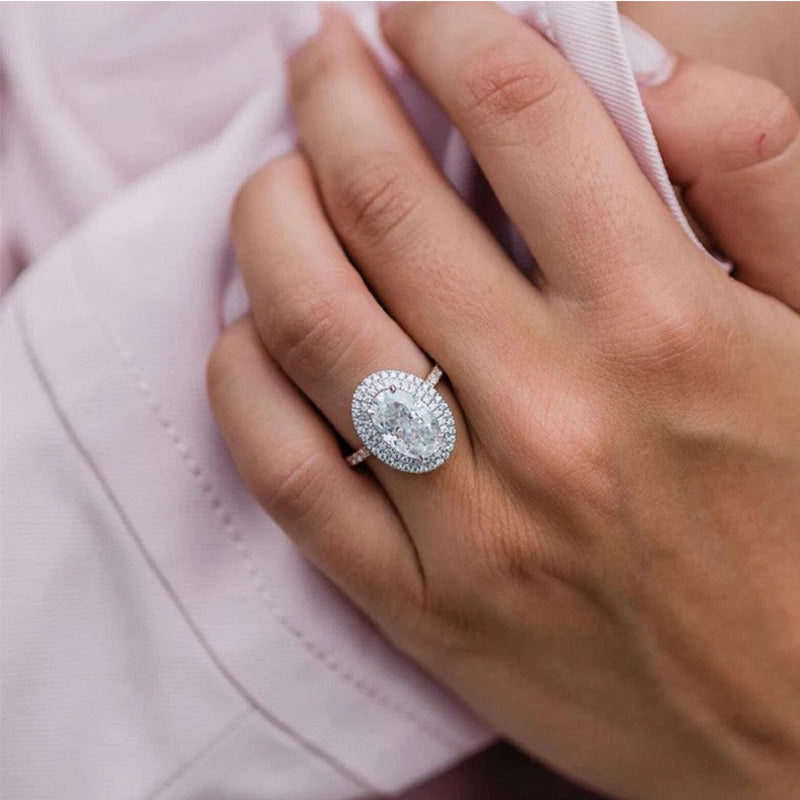 Double Halo Oval Cut Moissanite Engagement Ring