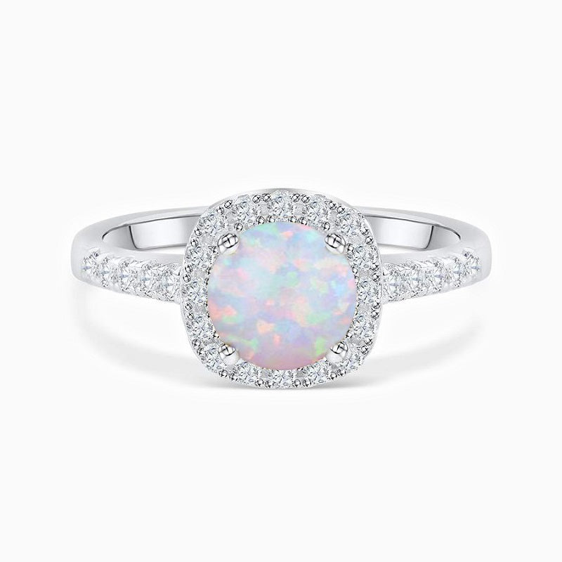 Halo Opal Round Cut Sterling Silver Ring
