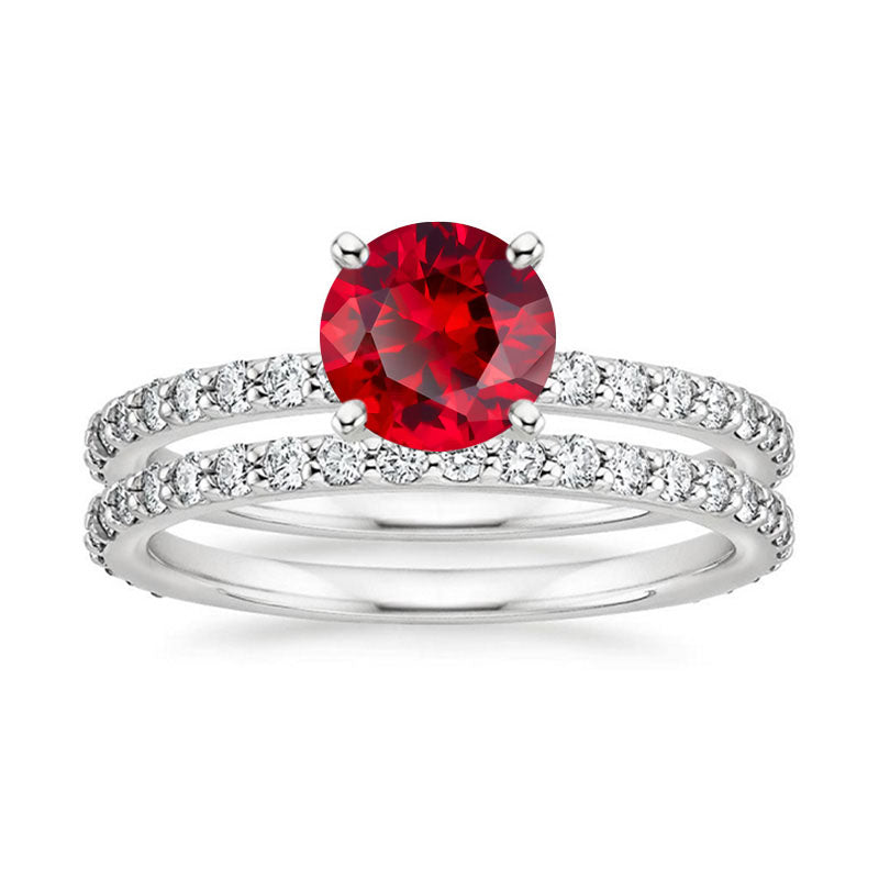 Inlaid Double Promise Engagment Wedding Ruby Ring Set
