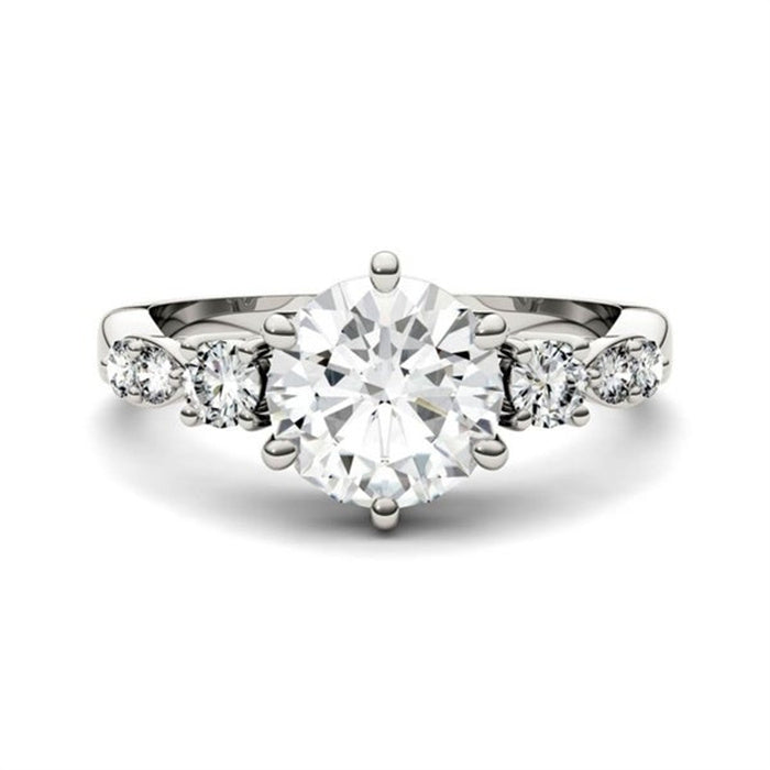 Round Cut Promise Engagment Wedding Solitaire Moissanite Ring with Side Accents