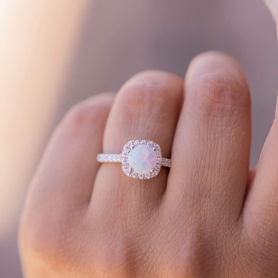 Unique Opal & Moissanite Halo Ring