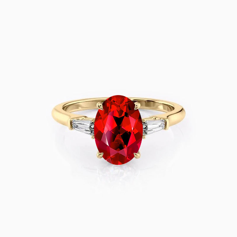 Oval Brilliant Engagement Ruby Ring with Tapered Baguette Sidestones