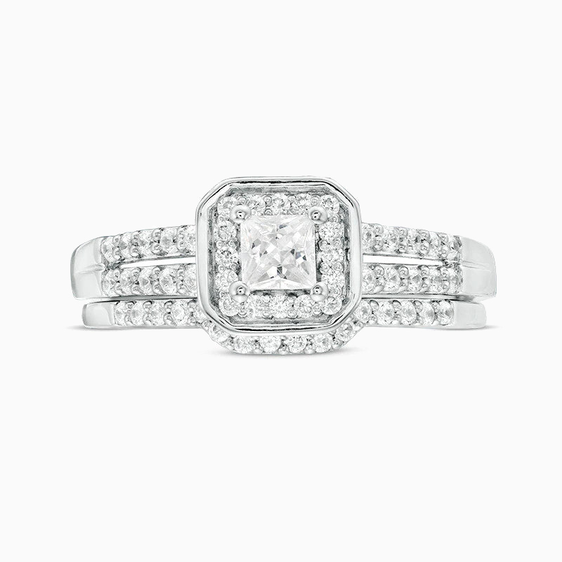 Princess-Cut Moissanite Cushion Frame Bridal Set Promise Wedding Engagement Ring
