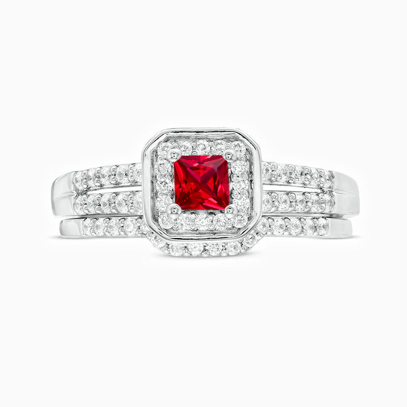 Princess-Cut Ruby Cushion Frame Bridal Set Promise Wedding Engagement Ring