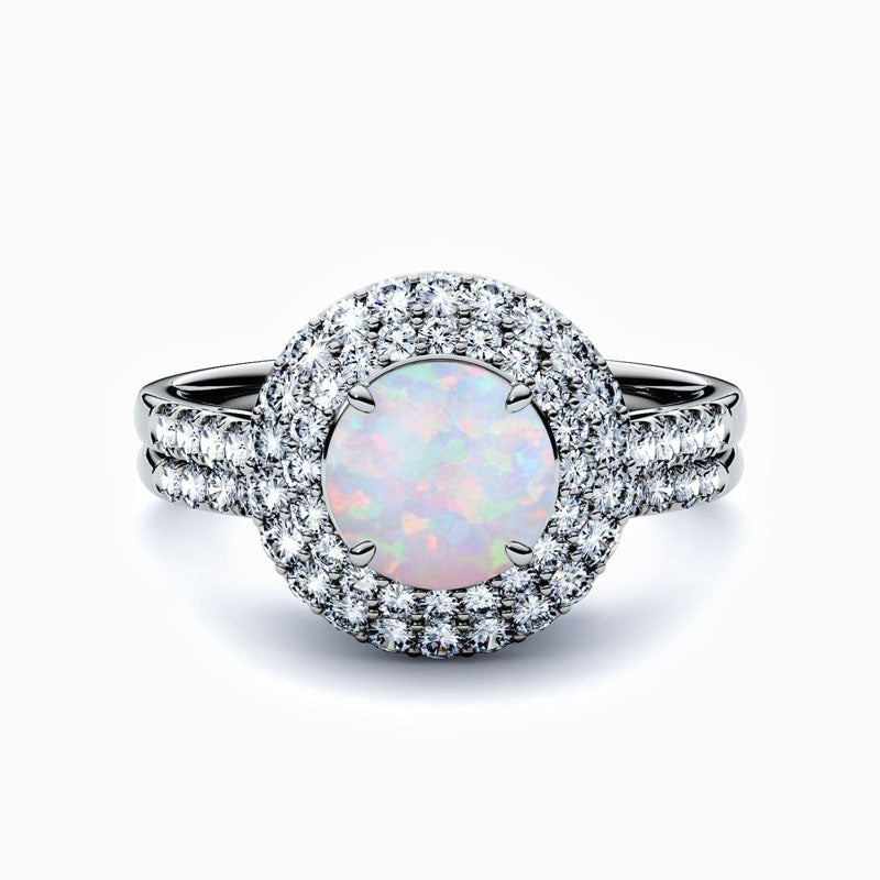 Promise Engagement Wedding Opal Ring Bridal Sets Halo Round Solitaire Pave With Side Stones 925 Sterling Silver White Gold Plating