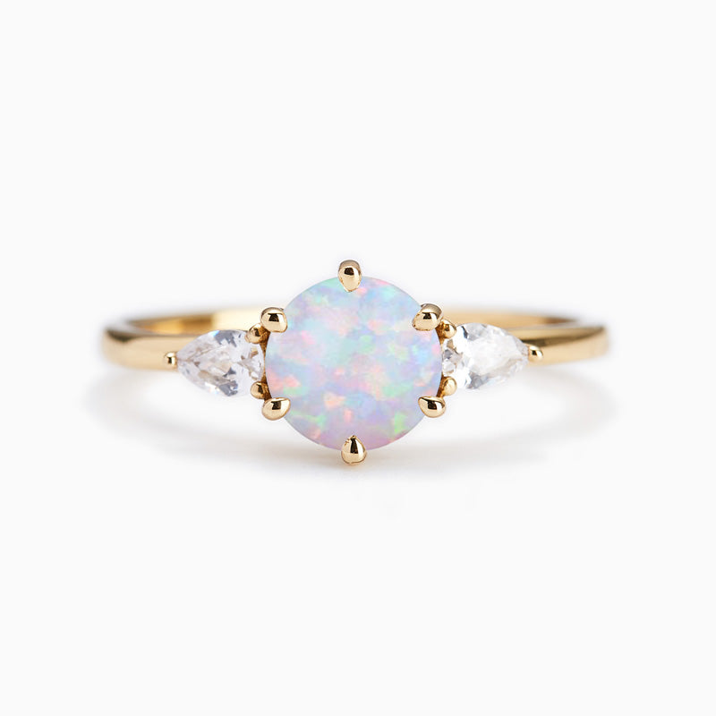 Promise Engagment Wedding Opal Ring Six Prong Round Solitaire With Two Side Stones 1 Carat