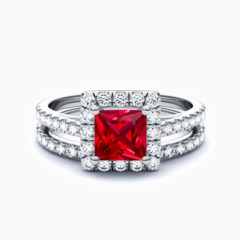 Promise Engagment Wedding Ruby Bridal Sets Halo Princess Solitaire Ring Micro Pave With Side Accents 1.72 Carats