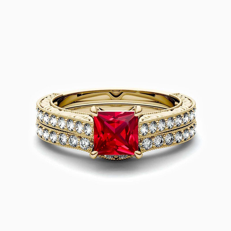 Promise Engagment Wedding Ruby Bridal Sets Square Solitaire Ring With Side Accents 1.5 Carats Gold Plating
