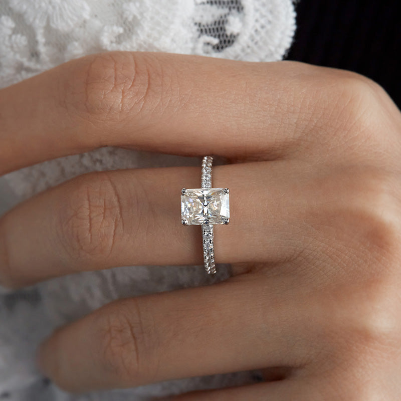 Radiant Cut Moissanite Ring With A Hidden Halo