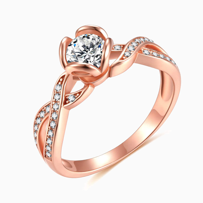 Rose Gold Plated Flower Twist Promise Engagement Wedding Moissanite Ring