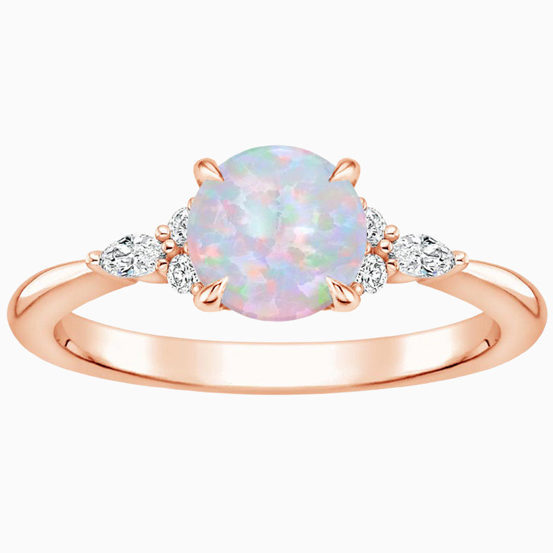 Round Promise Engagment Wedding Opal Ring With Marquise-shaped Side Stone