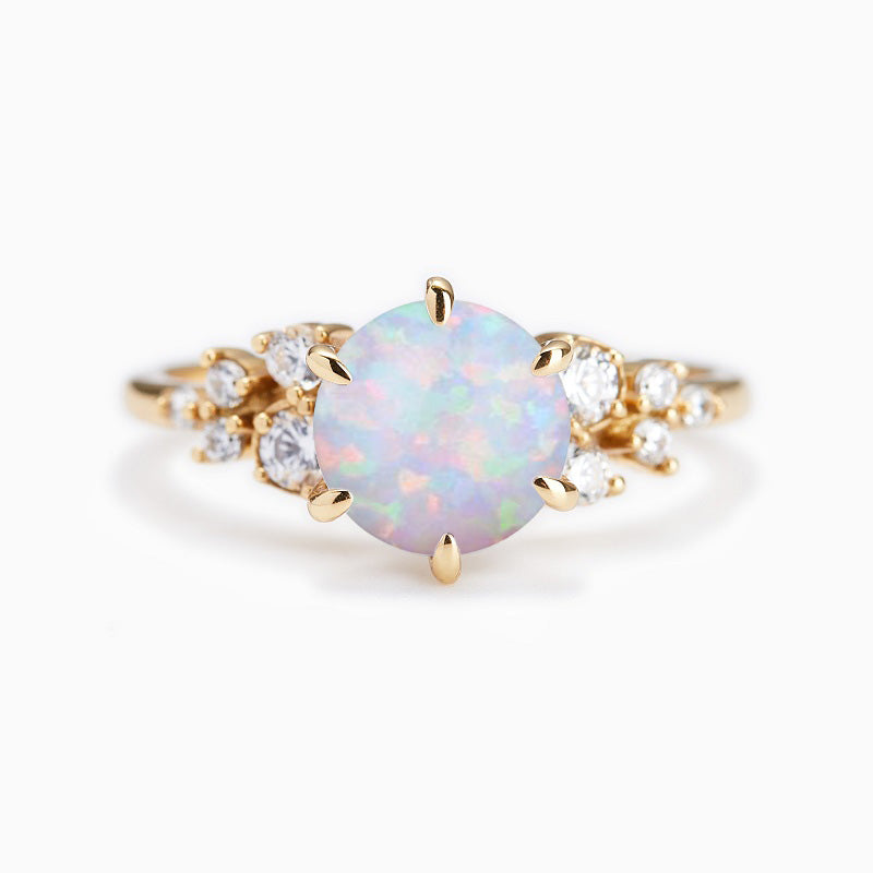 Round Promise Engagment Wedding Opal Ring With Side Accents Floral Style