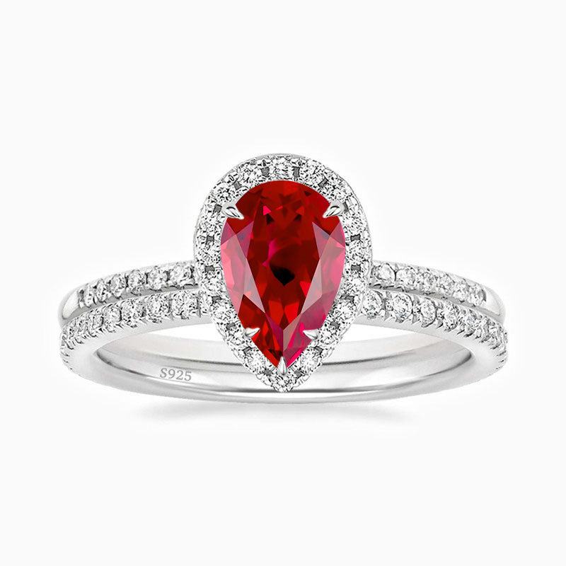 Teardrop Bridal Set Halo Promise Engagment Wedding Ruby Ring Set