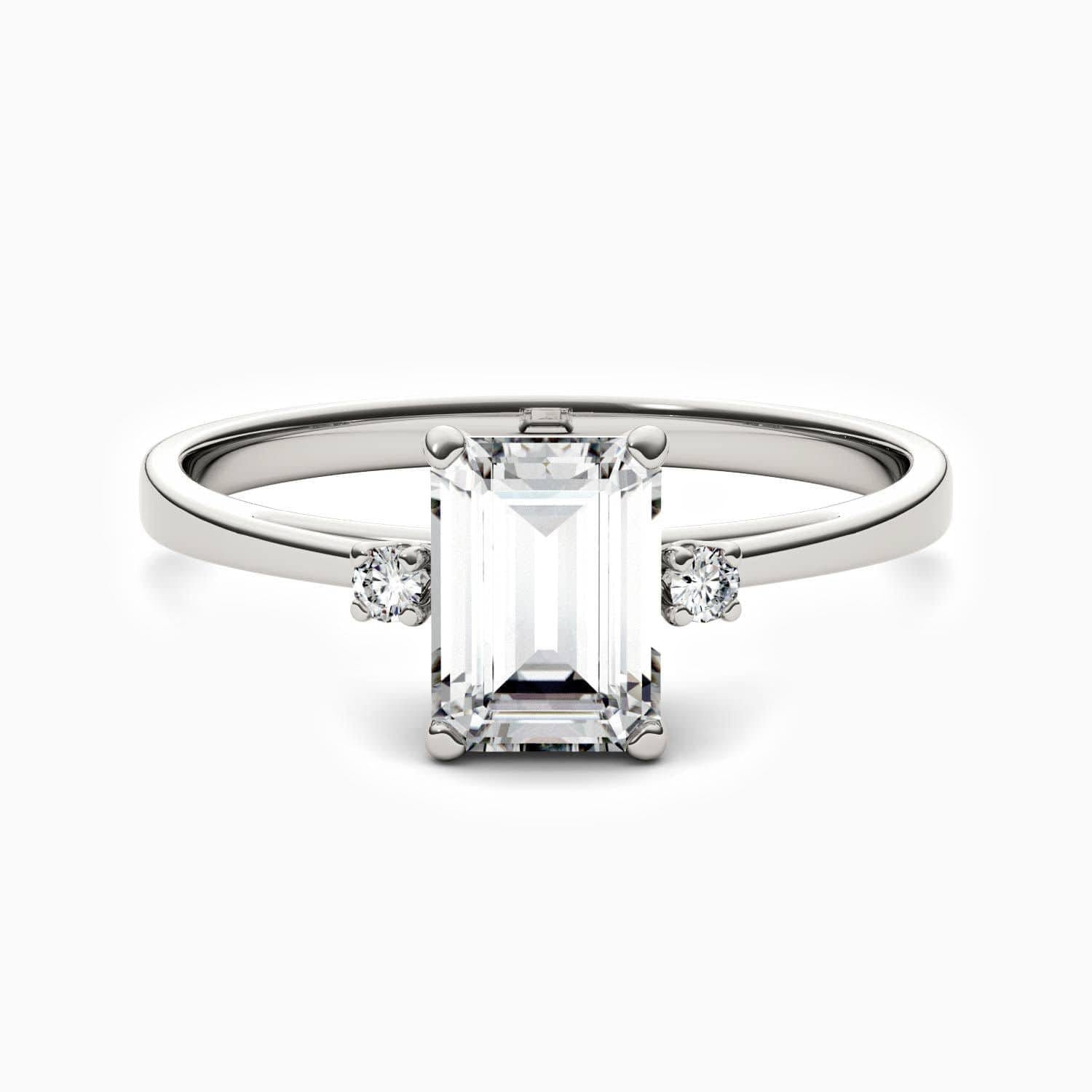 Promise Engagment Wedding Moissanite Ring Emerald Shaped With Two Side Stones 925 Sterling Silver White Gold Plating 1 Carat