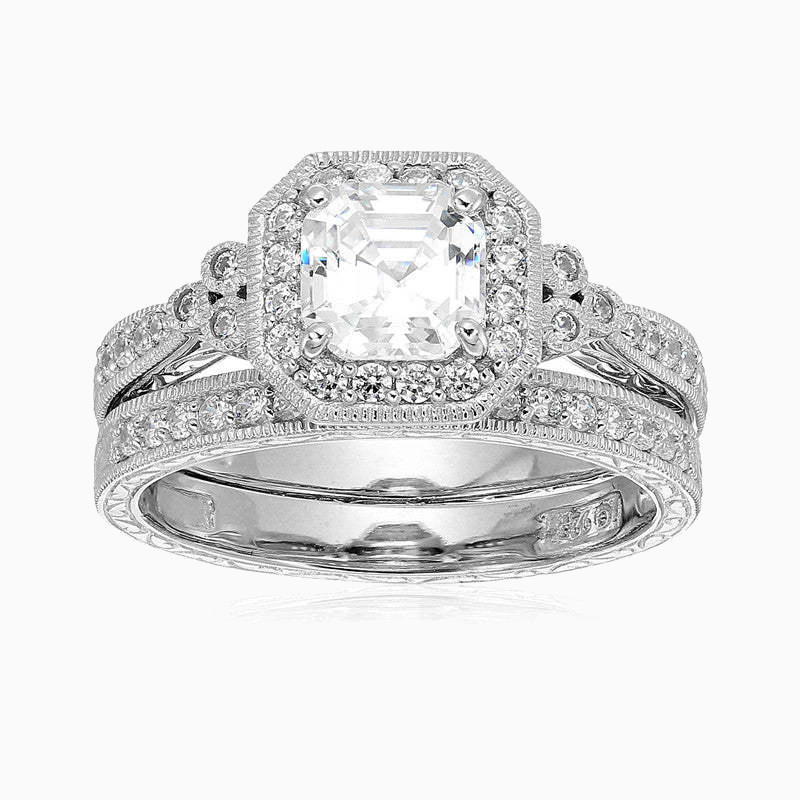 Vintage-inspired Asscher-cut Promise Engagment Wedding Moissanite Ring Set