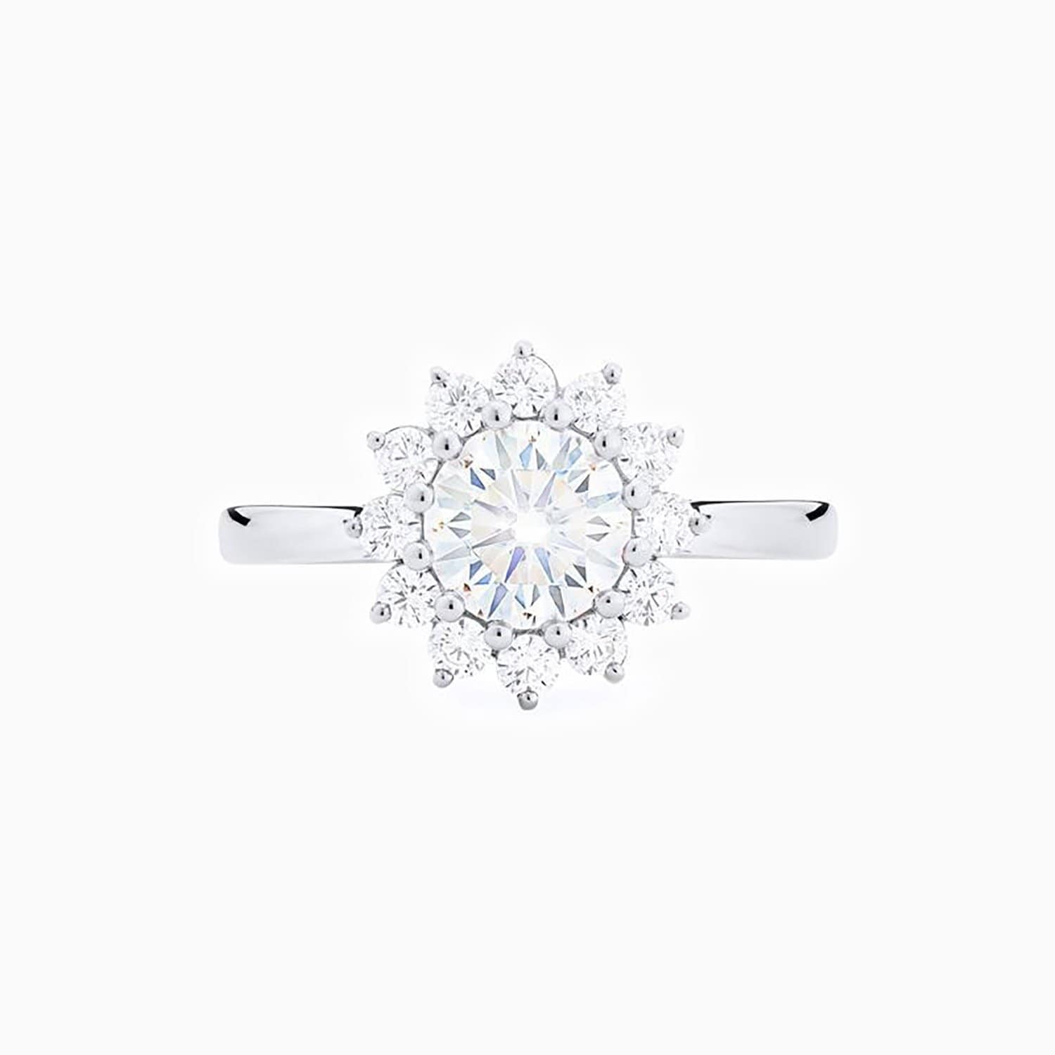 Floral Round Promise Engagment Wedding Moissanite Ring 0.75 Carat With Side Accents Band