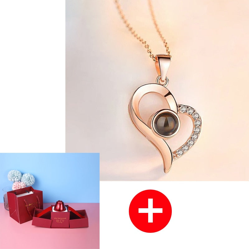 "I Love You" Necklace in 100 Languages + Metal Rose Jewelry Box