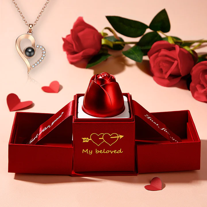 "I Love You" Necklace in 100 Languages + Metal Rose Jewelry Box