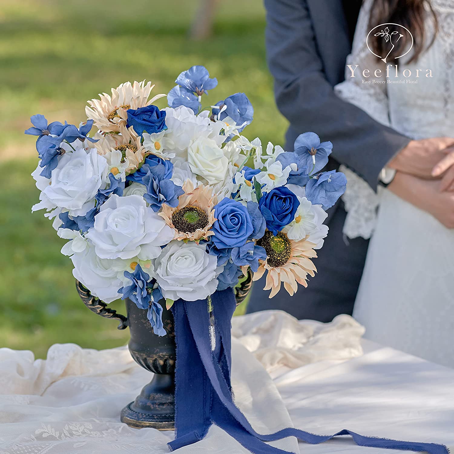 YEEFLORA Dusty Blue Wedding Bouquet for Bride,Royal Blue and White Flower Bouquets for Wedding