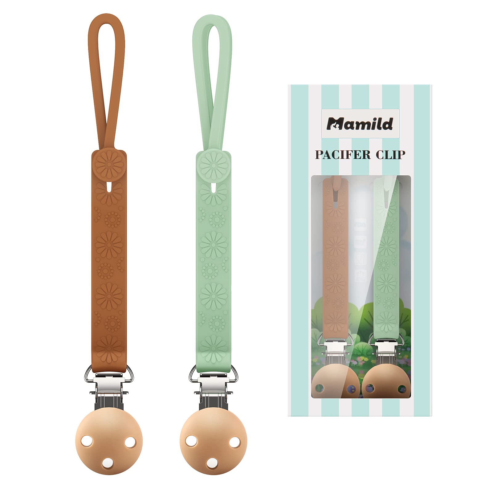 Pacifier Clips, Mamild Silicone Paci Clip Soothie Binky Clips for Baby Boys Girls 2 Pack Shower Gift Set (Blue & Brown)
