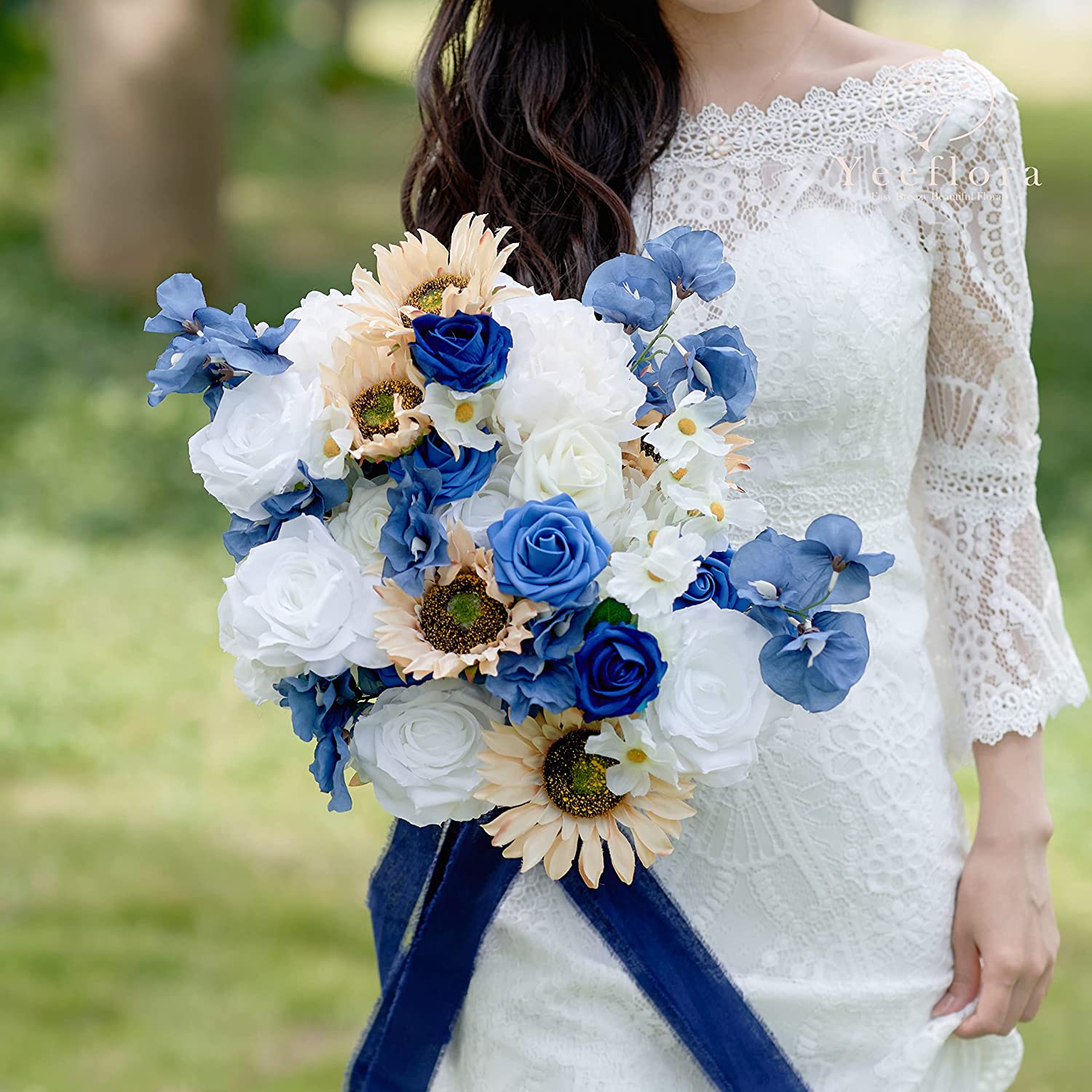 YEEFLORA Dusty Blue Wedding Bouquet for Bride,Royal Blue and White Flower Bouquets for Wedding