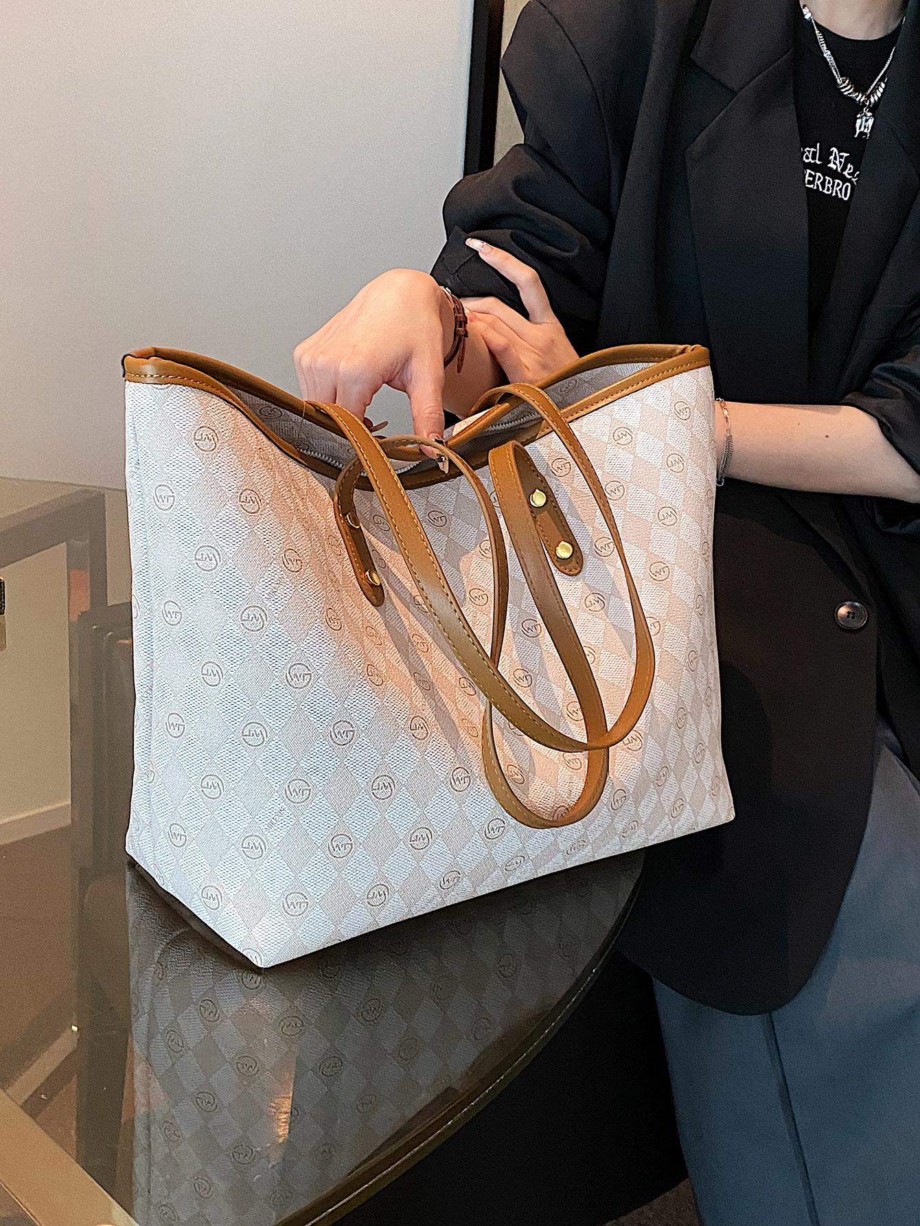 Geometric Pattern Shoulder Tote Bag Contrast Binding PU Elegant