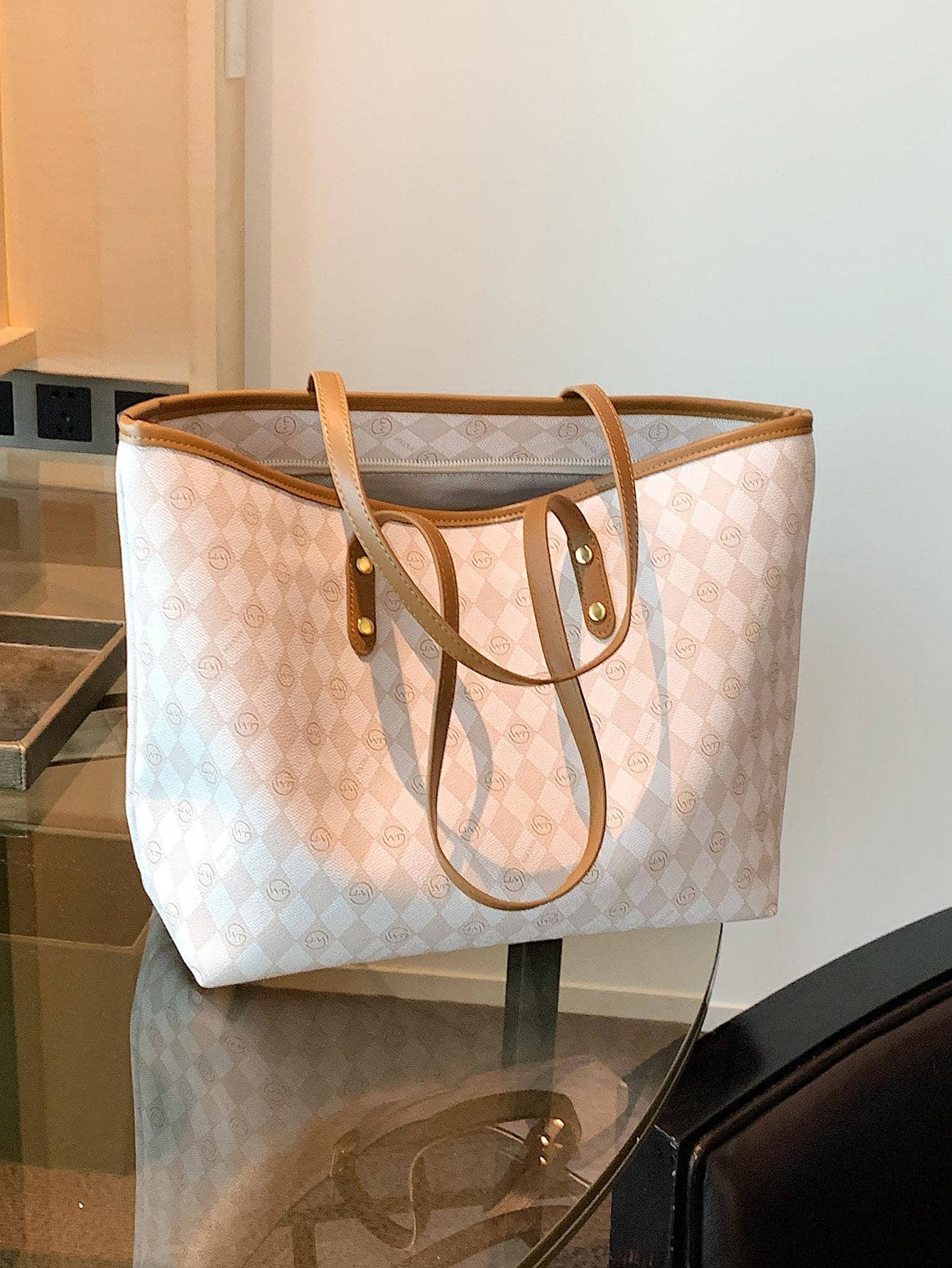 Geometric Pattern Shoulder Tote Bag Contrast Binding PU Elegant