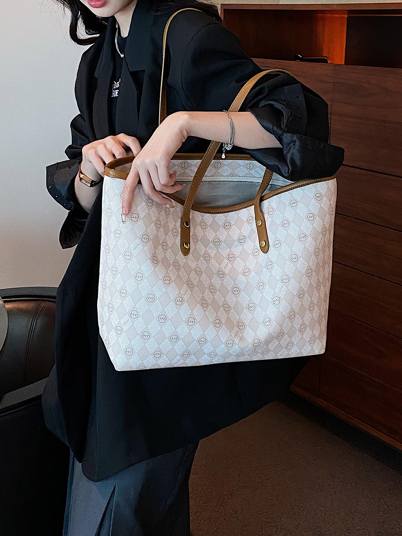 Geometric Pattern Shoulder Tote Bag Contrast Binding PU Elegant