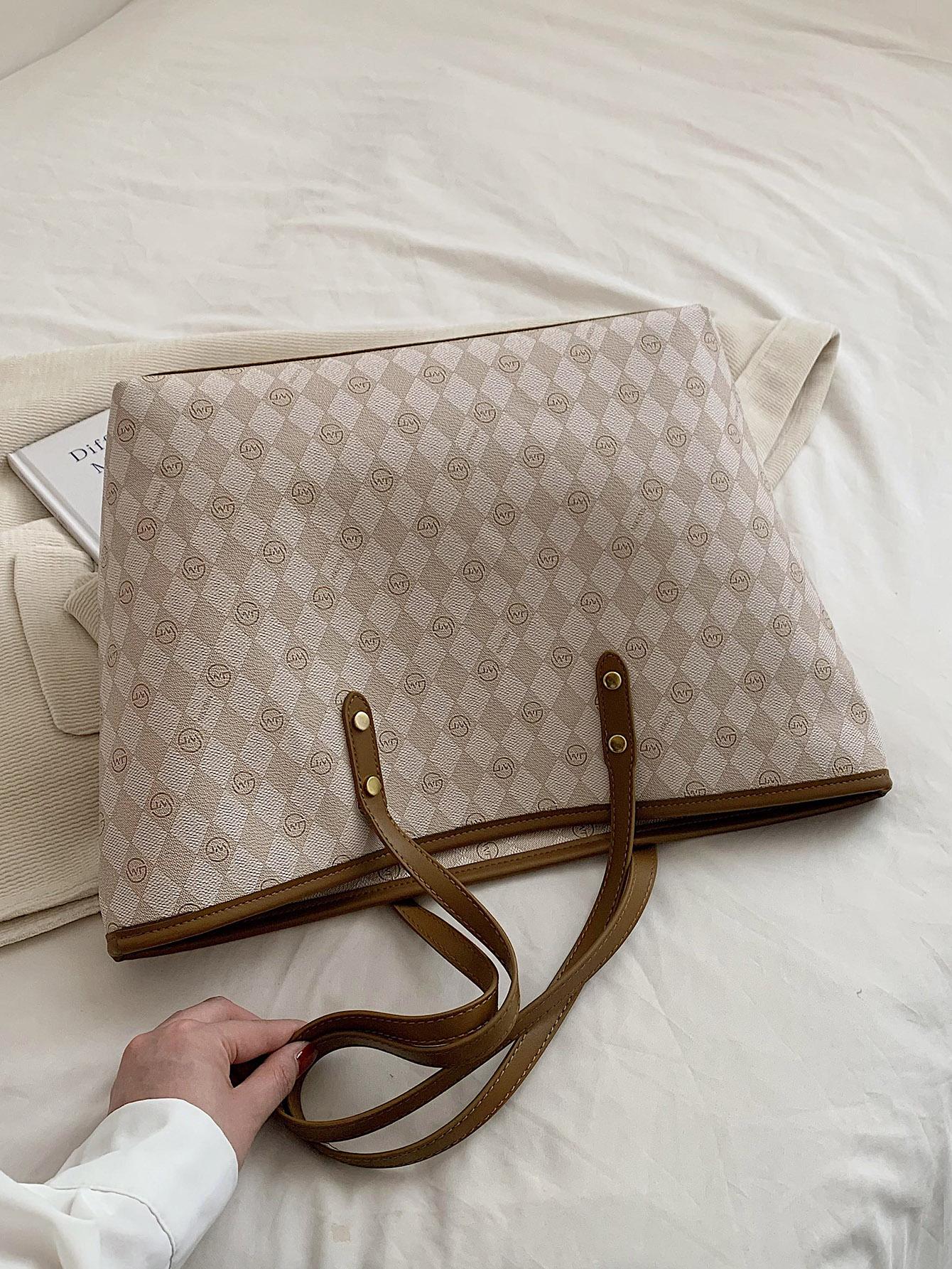 Geometric Pattern Shoulder Tote Bag Contrast Binding PU Elegant