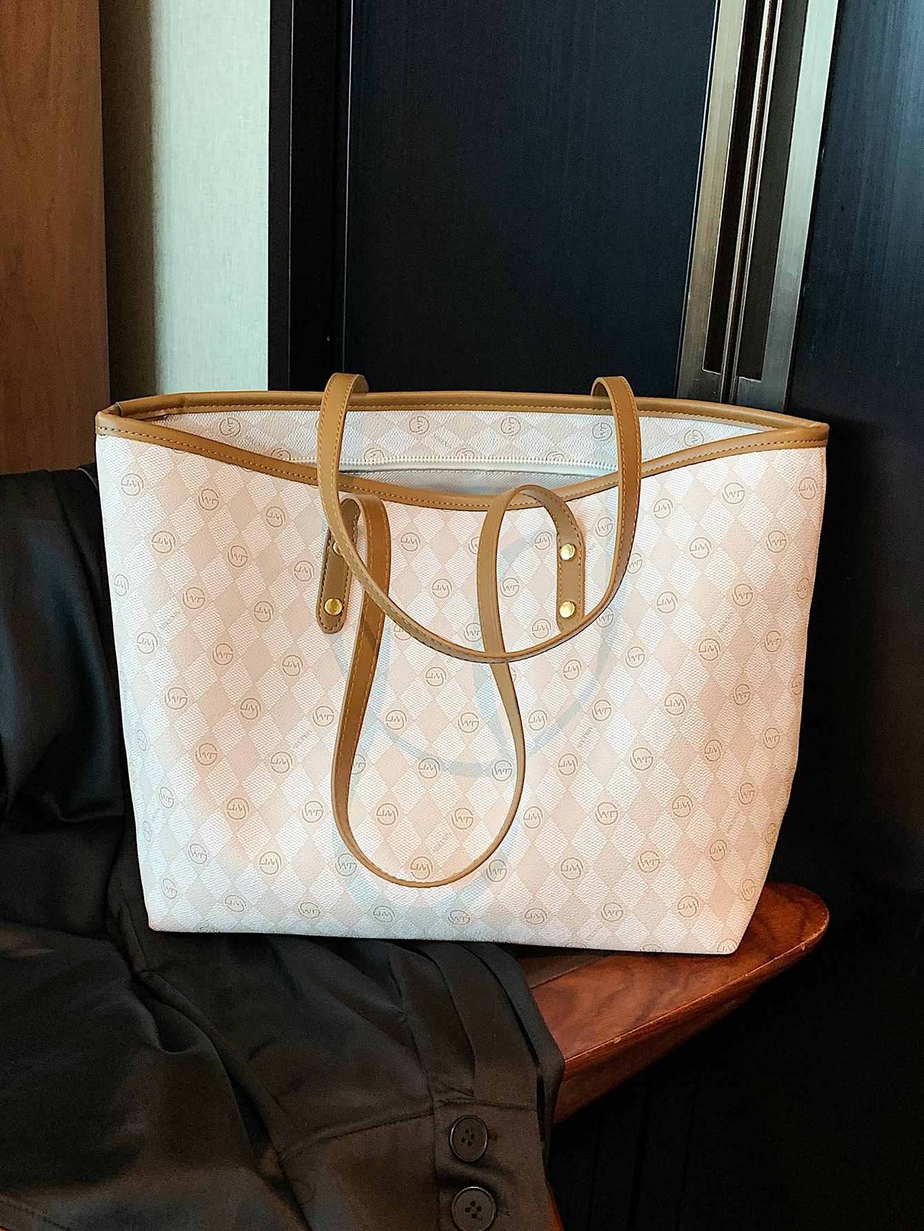 Geometric Pattern Shoulder Tote Bag Contrast Binding PU Elegant