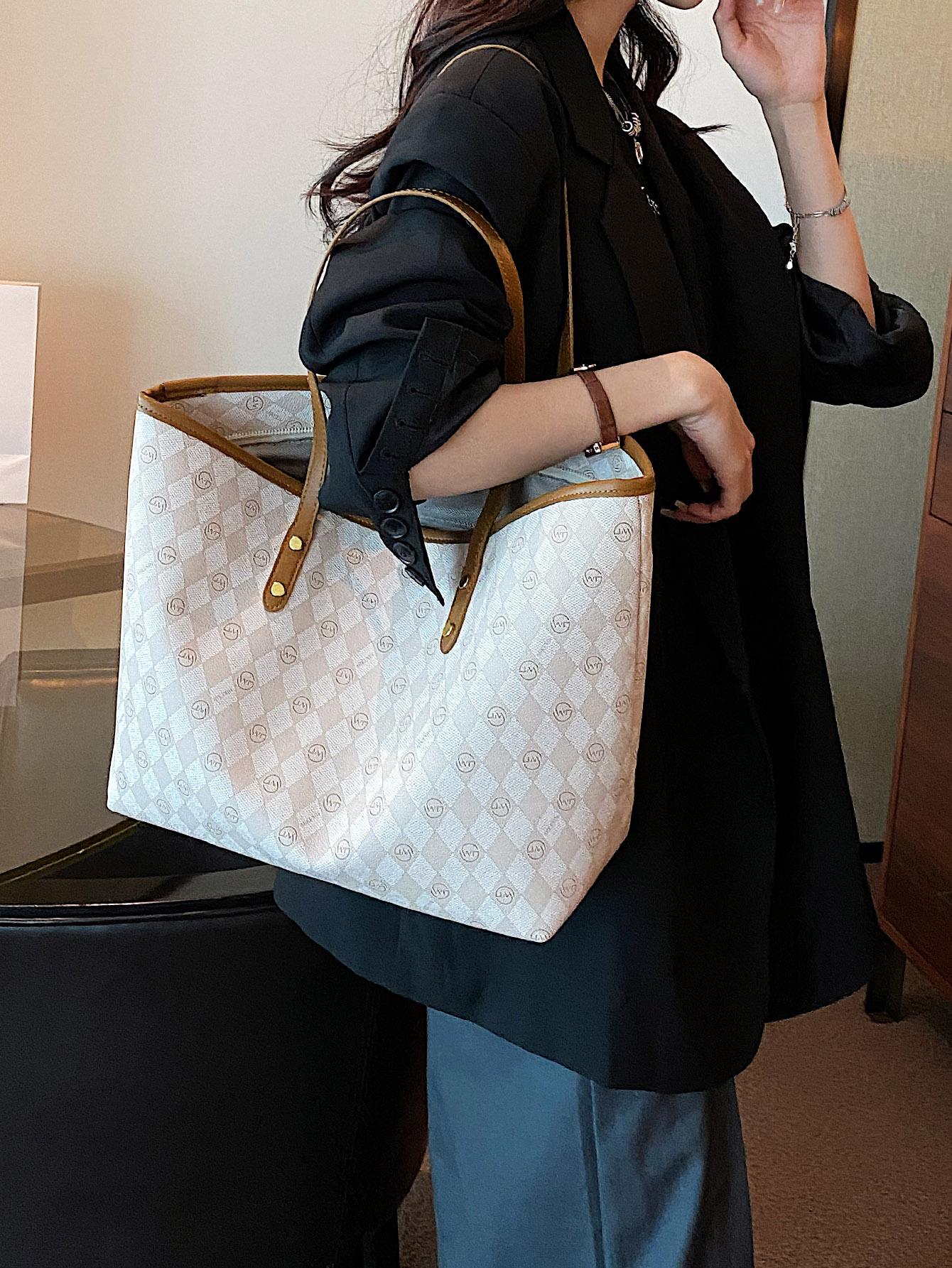 Geometric Pattern Shoulder Tote Bag Contrast Binding PU Elegant