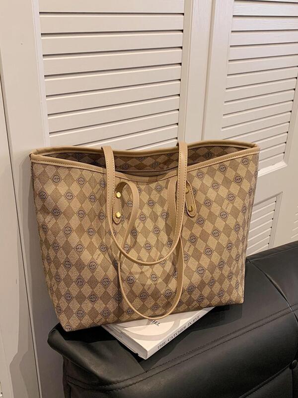 Geometric Pattern Shoulder Tote Bag Contrast Binding PU Elegant