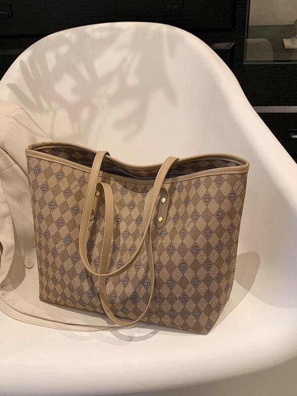 Geometric Pattern Shoulder Tote Bag Contrast Binding PU Elegant