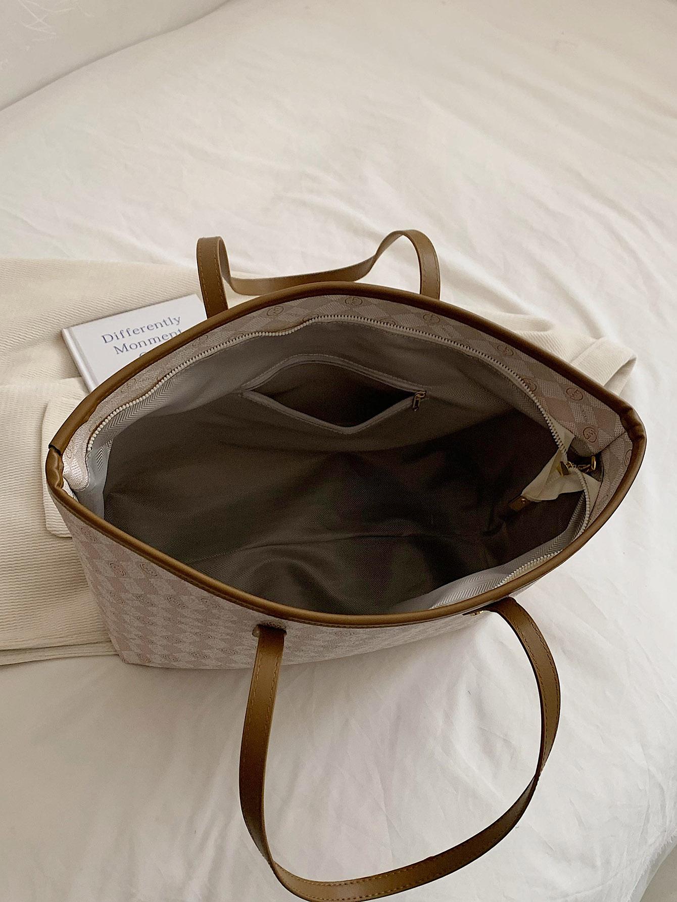 Geometric Pattern Shoulder Tote Bag Contrast Binding PU Elegant