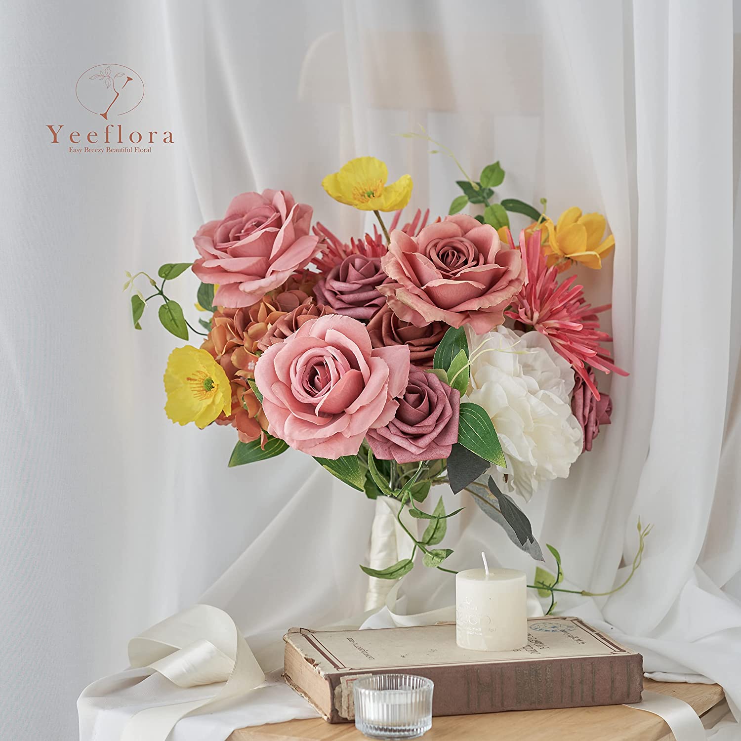YEEFLORA Artificial Flowers, Dusty Pink Wedding Decorations Flower