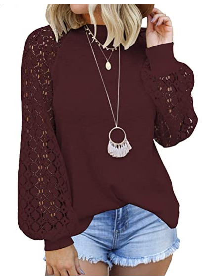 Women’s Long Sleeve Tops Lace Casual Loose Blouses T Shirts