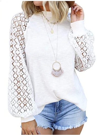 Women’s Long Sleeve Tops Lace Casual Loose Blouses T Shirts