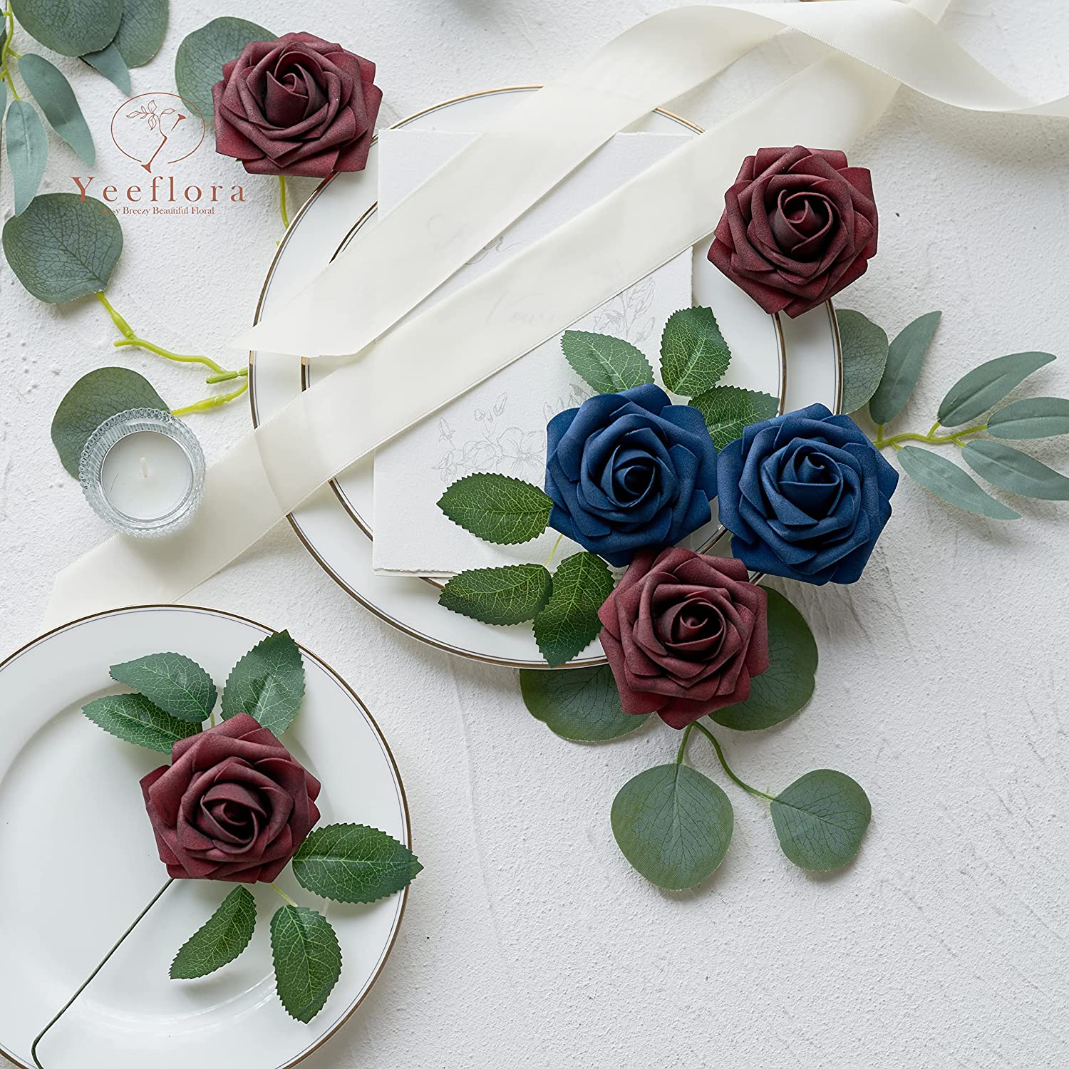 YEEFLORA Artificial Flowers, 25 Pieces Realistic Artificial Roses 