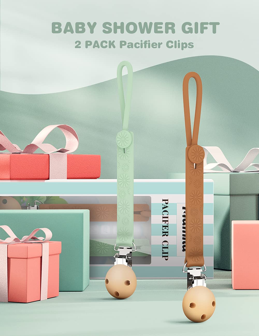 Pacifier Clips, Mamild Silicone Paci Clip Soothie Binky Clips for Baby Boys Girls 2 Pack Shower Gift Set (Blue & Brown)